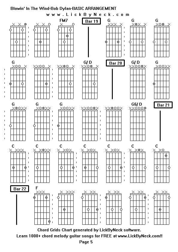 Chord Grids Chart of chord melody fingerstyle guitar song-Blowin' In The Wind-Bob Dylan-BASIC ARRANGEMENT,generated by LickByNeck software.